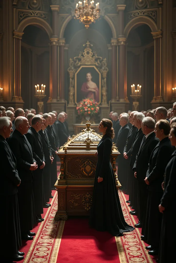 royal funeral of an old lady, there are many people and in front of the coffin they are : 2 young women, his father, and his mot...