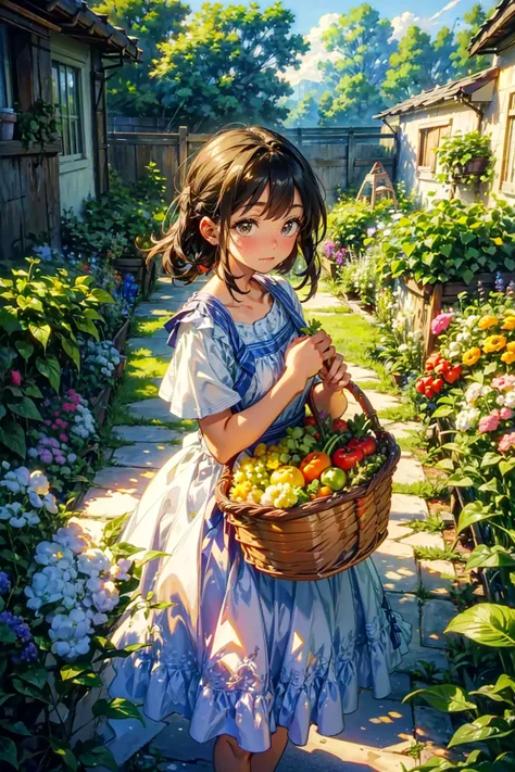 1girl,solo,cute,home garden,home vegetable garden,at morning,sunshine,((she holding basket in vegetable)),