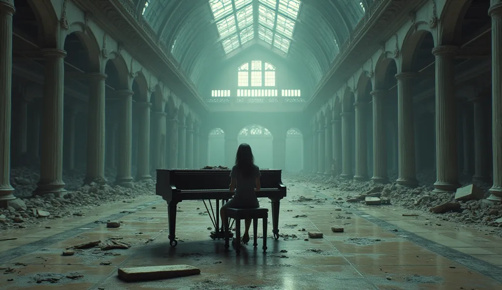 (photorealism:1.2), a girl is playing piano inside an abandonned train station hall, photo real, cinematic, highly detailed, dys...