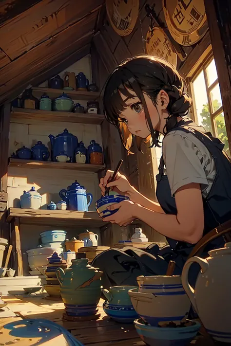 1girl,solo,cute,
clay,pottery,potter,
she make a pottery,
in hut