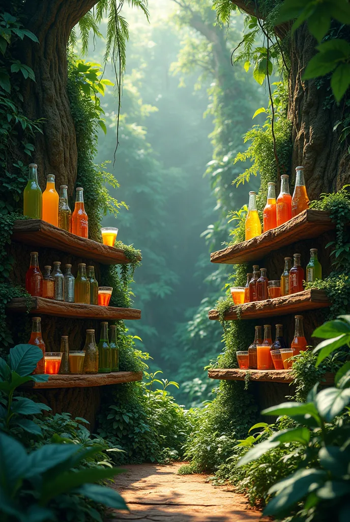 jungle background with several shelves to place drinks