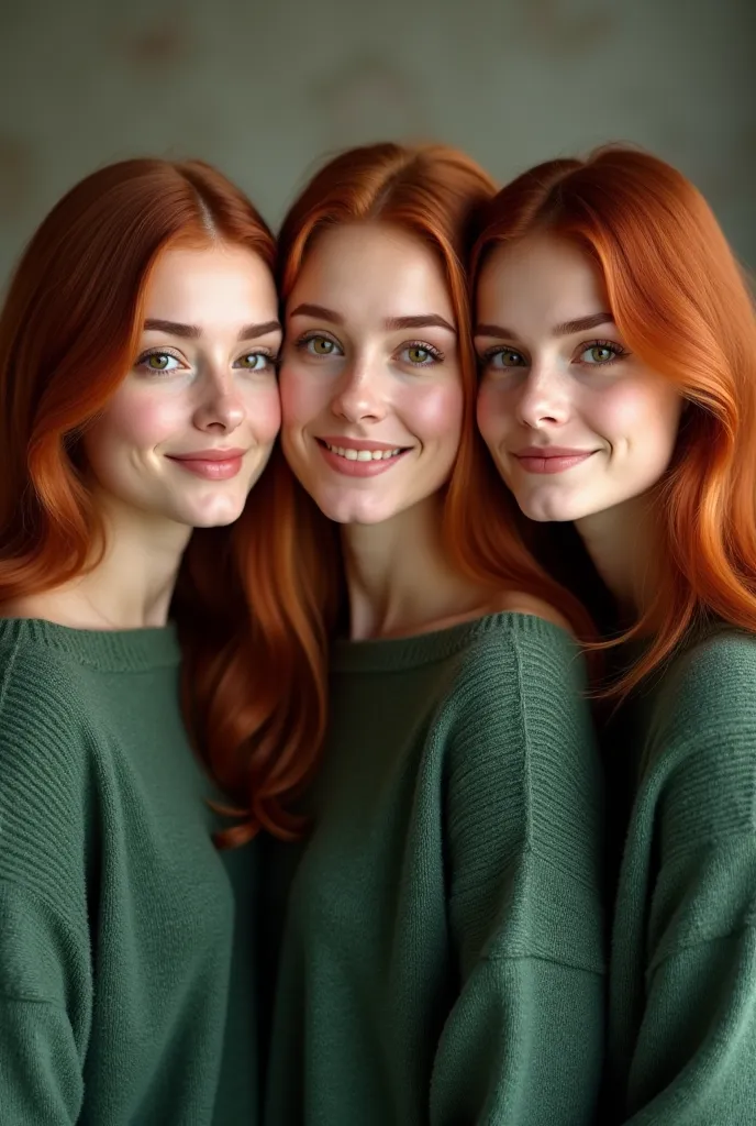 a 3 woman wearing a green sweater with brown eyes and red hair