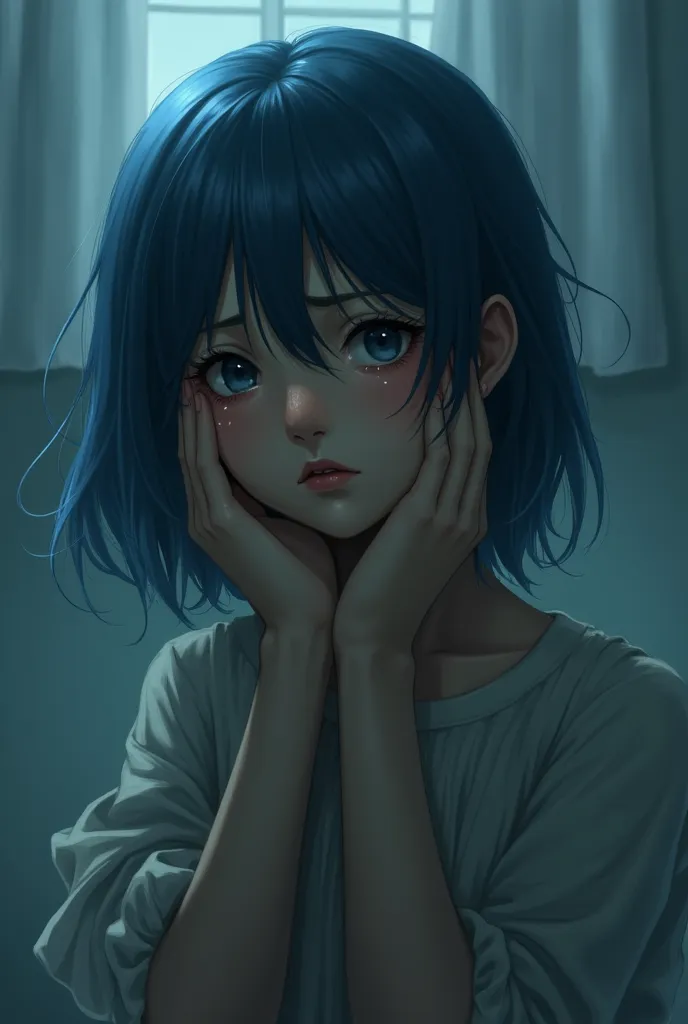 a blue-haired girl makes a crying gesture.