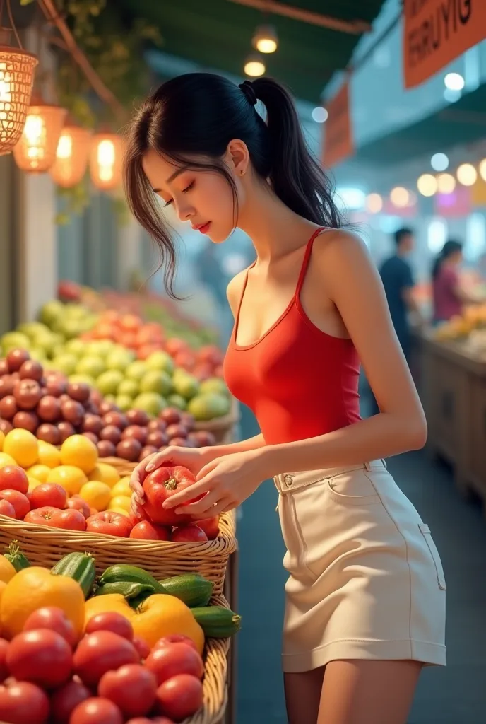 a beautiful korean woman wearing a large red tank top and a white short skirt is choosing fruits., his position is bent over to ...