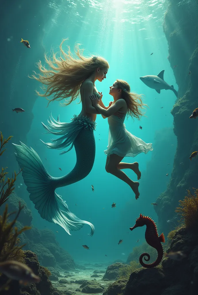 enchanting mermaid and seahorse and girl fight scene