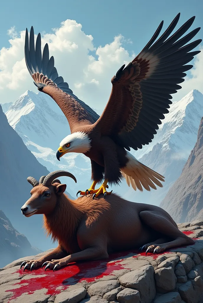 eagle is standing on the chest of markhor and markhor is dead blooded