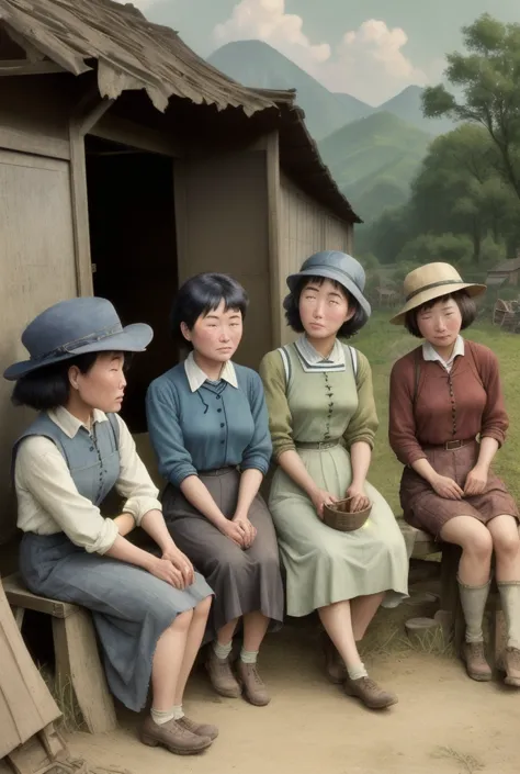 a group of people sitting side by side in a threshing ground in a rural area in china in the 1960s，ragged clothes，there is a sto...