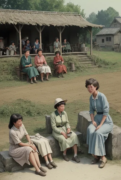 a group of people sitting side by side in a threshing ground in a rural area in china in the 1960s，ragged clothes，there is a sto...