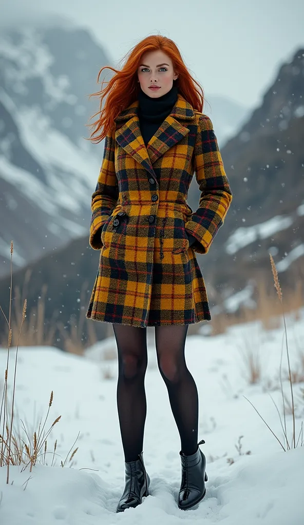 donna scozzese, dressed in yellow black red basic tartan, capelli rossi, nice legs, short kilt, black high heels, stockings on t...