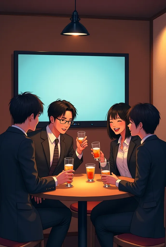 two modern japanese men and two japanese women in their late 20s, all wearing business attire, are enjoying drinks at a karaoke ...