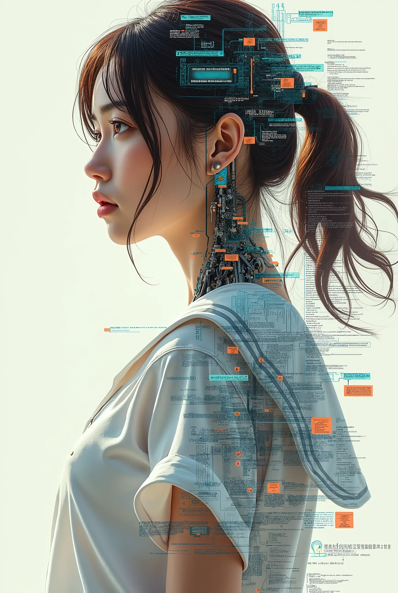 female cyborgのエントリーのマインドマップ, outputs and processors, multiple exposure of drawing and person, create digital collage style image...