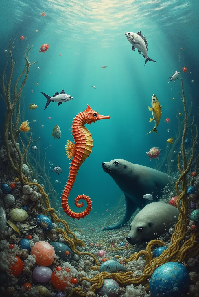 water pollution painting with sea horse and fish and sea lion full of trash