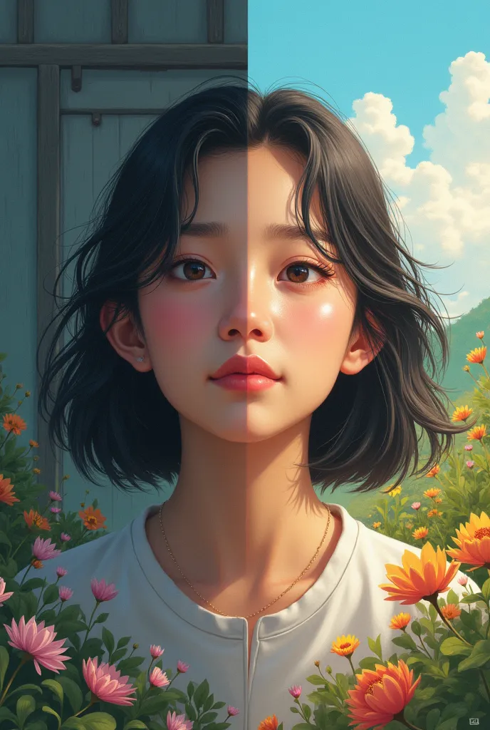 a image of korean young adult was having a depressing sad  life but now her life changed to a happy bright life - create a image...