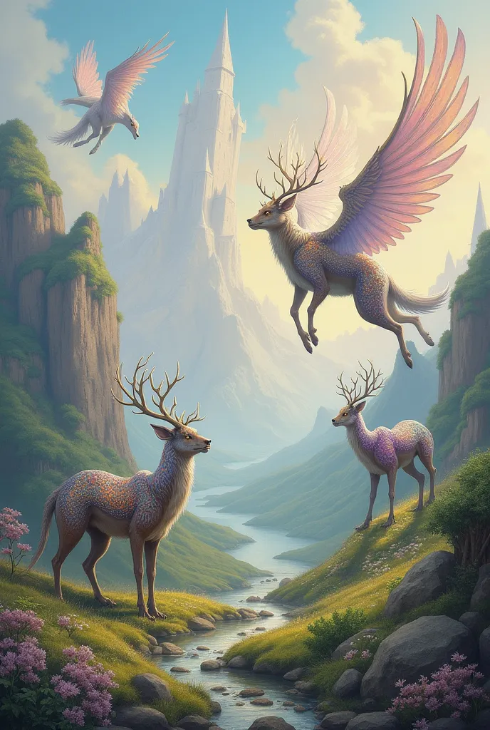 fantastic landscape, with mythological animals, where pastel colors predominate, in painting style