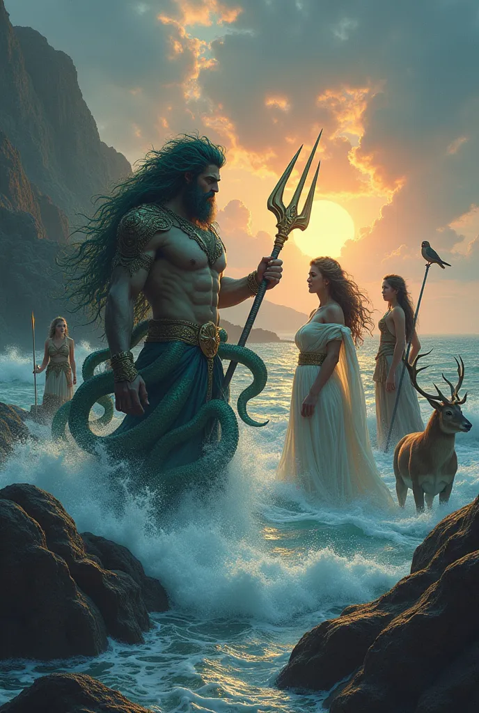 imagine a mystical scene in a coastal landscape at dusk, where medusa with her serpentine hair and menacing expression, is next ...