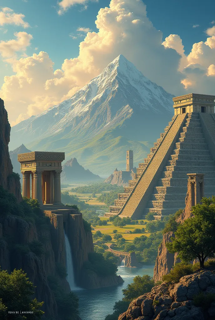 create an a2 landscape poster featuring asgard, olympus, earth, and an aztec temple, all without any characters. this will focus...