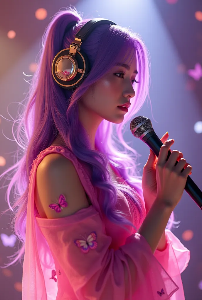 face perfect 
**"a korean woman, with vibrant purple hair, wears a bright pink outfit adorned with butterflies. she is on a stun...