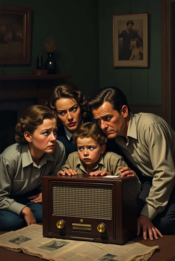 family gathered in the 30s listening to the radio scared