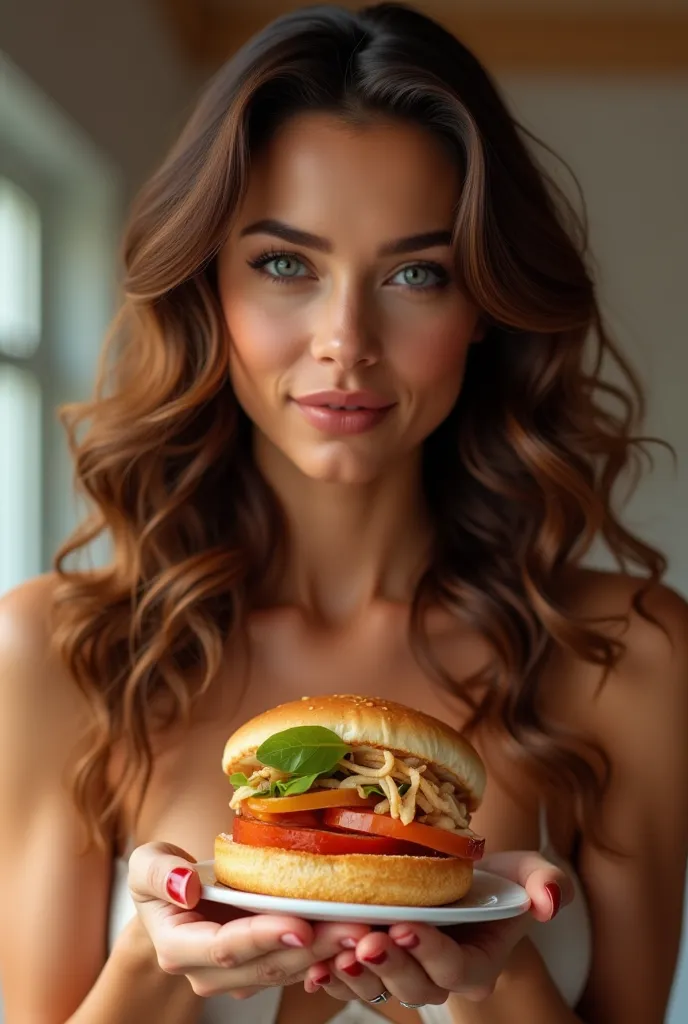 create the most provocative food advertising, female, 30s, brown ombre hair, wavy hair, perfect face, --ar 2:3 --v 6.0. hyper-re...