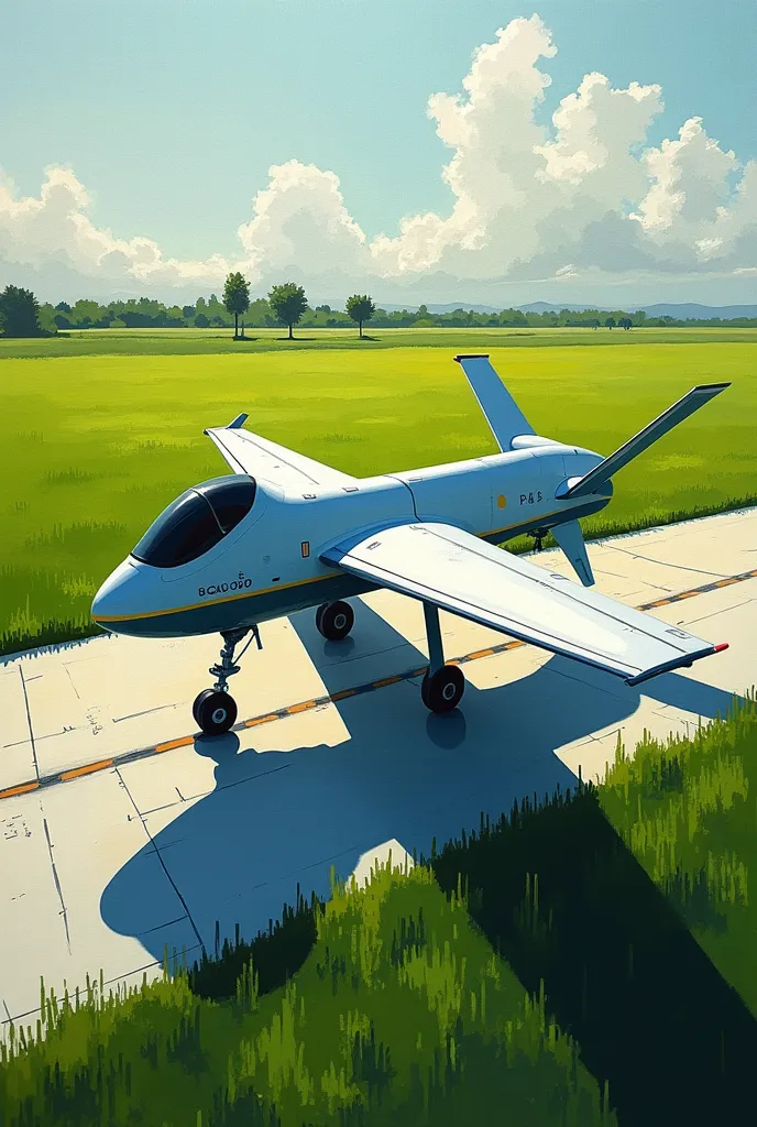 shahpar 2 is pakistani uav. make a painting where shahpar 2 is standing on runway. there is rich green field alongside runway. t...