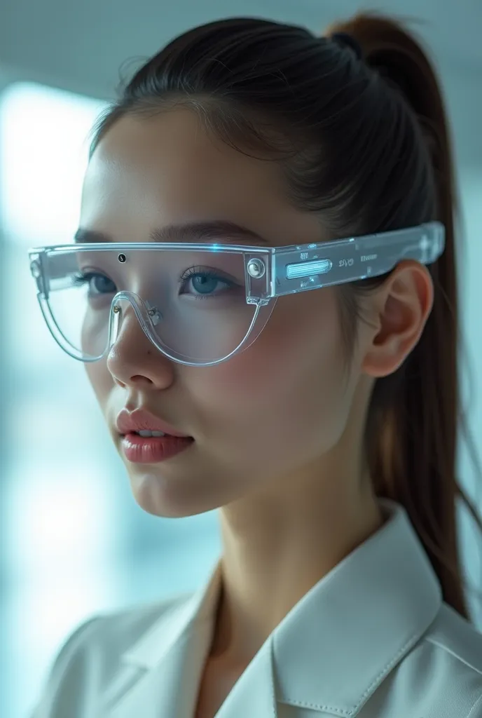 make me a futuristic eyeglasses with a style that looks like today that has a clear glass for the glass that has no visible fram...