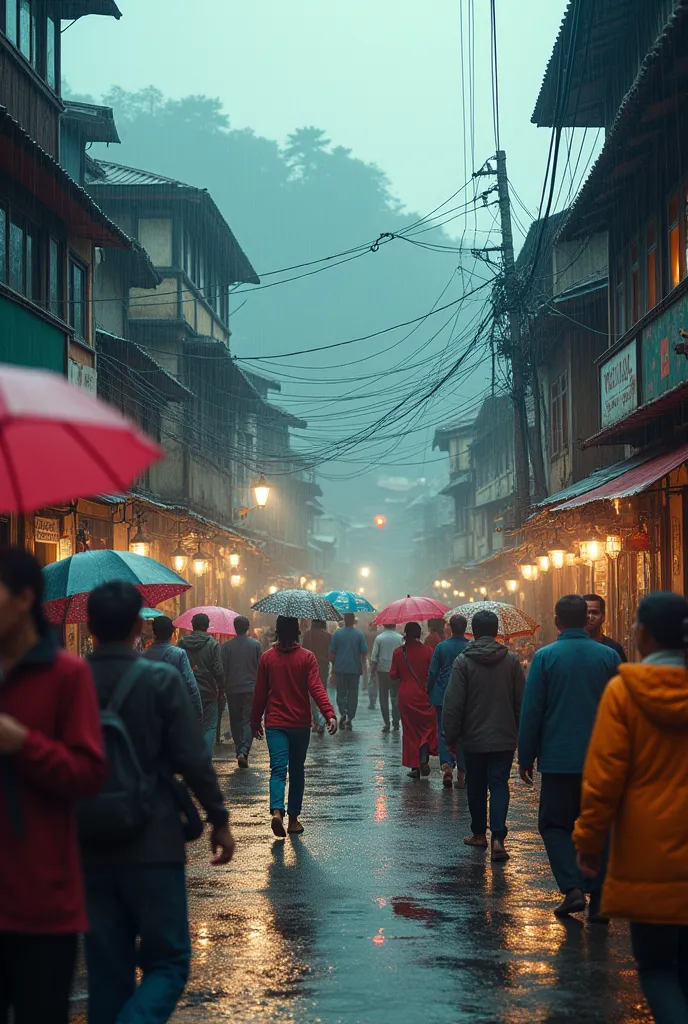 cinematic, photo realistic film poster of darjeeling main road, bustling with activity during early morning, monsoon, happy peop...