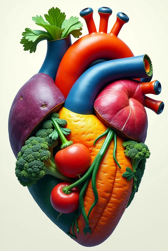 create a image of vegatable in the shape of medical heart and in the colour coding of rainbow