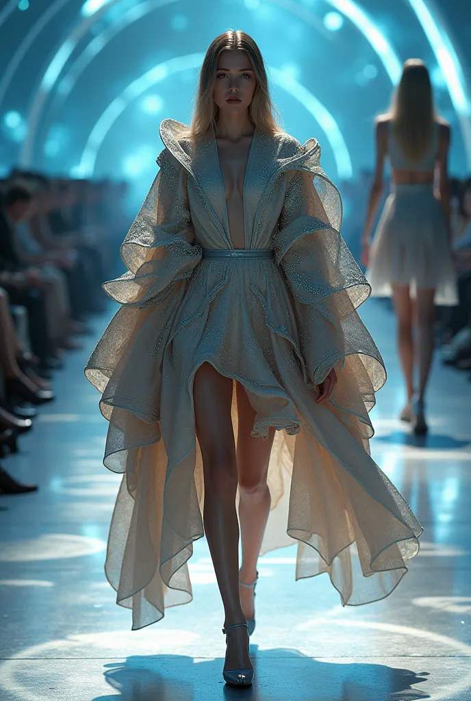 create me a look of oversized clothing worn by a model during a fashion show inspired by the space and fantasy theme