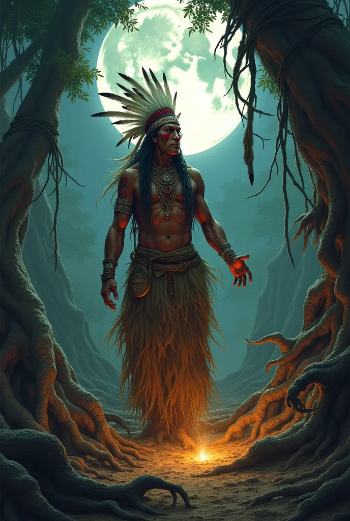 drawing of an old north american indian with a headdress of long feathers and red indian paint on his face pulling a tree with r...