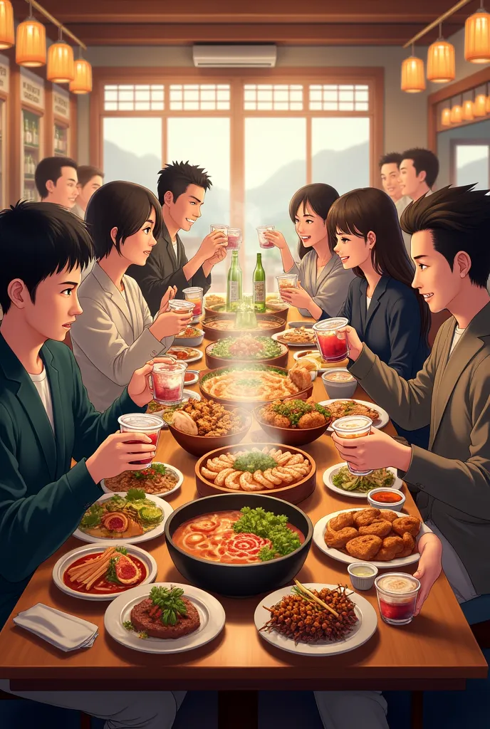 ((izakaya))、(high resolution)、(bright atmosphere)、(food and drinks on the table)