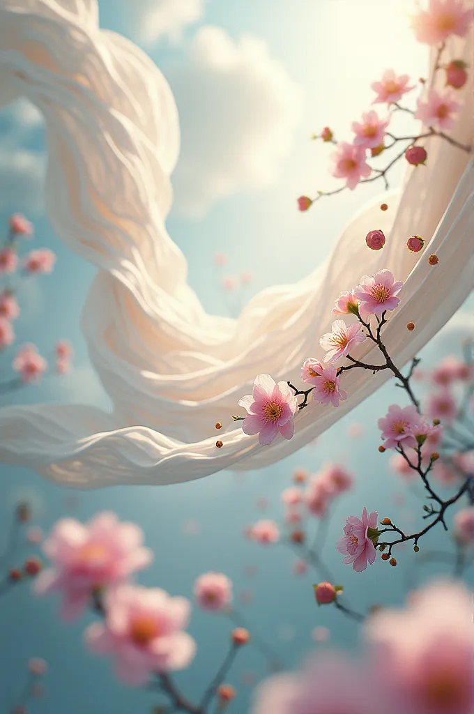 a beautiful white cloth filled with beautiful flowers this cloth flying in air