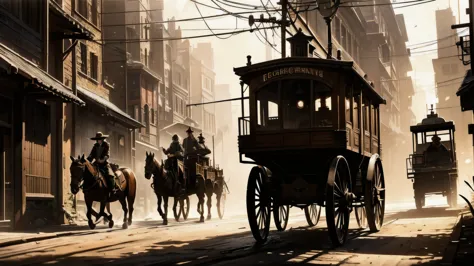 a steampunk old west city, rustic architecture, abandoned buildings, cobblestone streets, horse-drawn carriages, clockwork mecha...