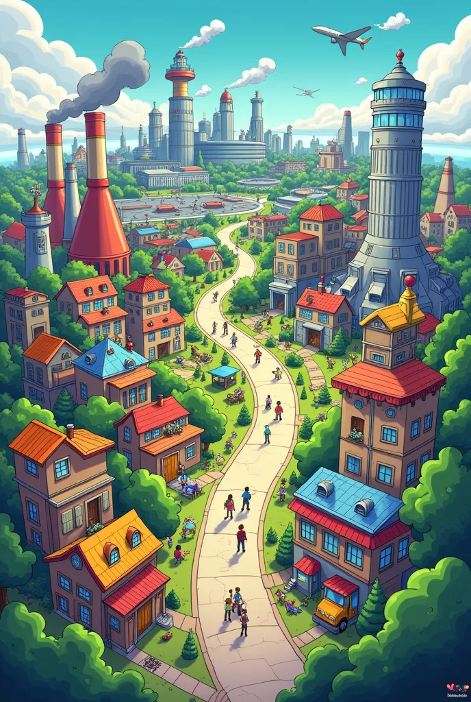 citys(divided into industrial area,residential, airport and research institute in colorful cartoon style