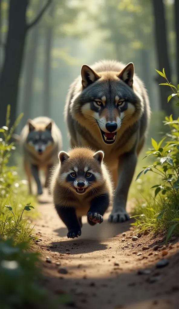 this image shows an adorable little fat wolvrine baby running scared down a forest path. a dangerous looking wolf is running beh...