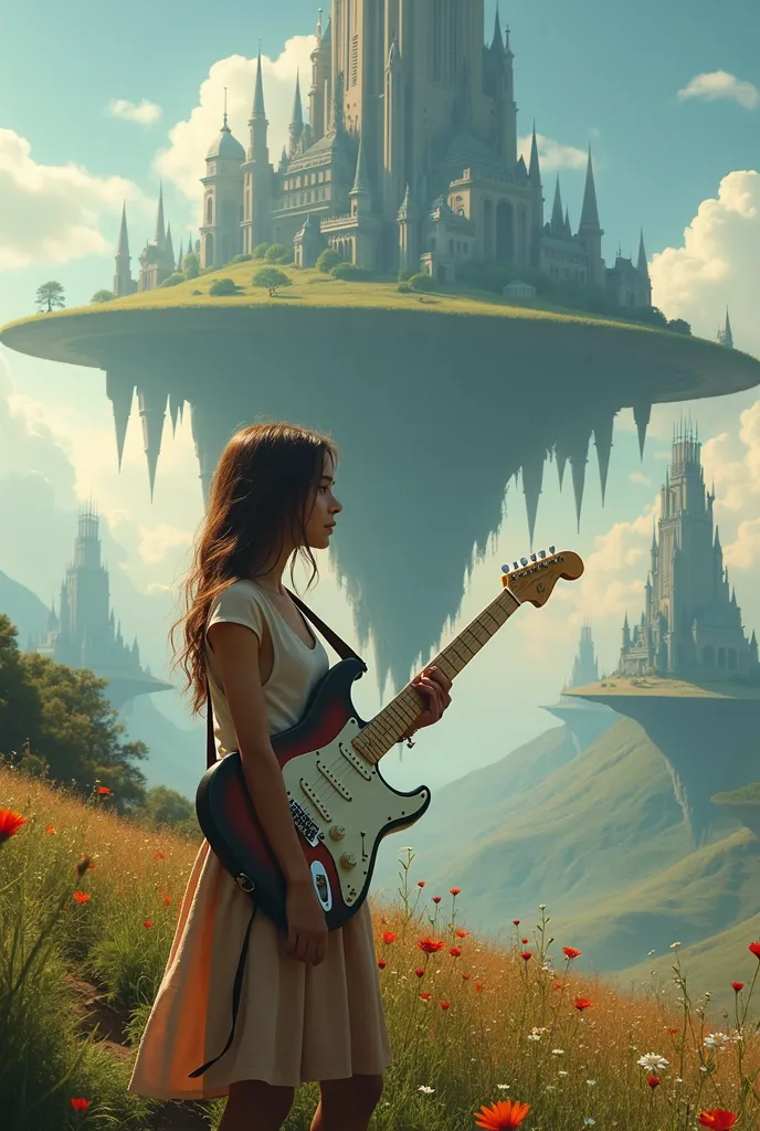 1girl holding stratocaster, fantasy landscape, fantasy island, huge cloud shadow over island, big fantasy meadow, fantasy city, ...