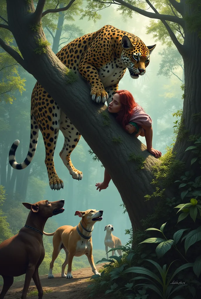 greyhound dogs attacking a jaguar that is in a tree and has in its claws and mouth a dead woman who is on the tree with her head...