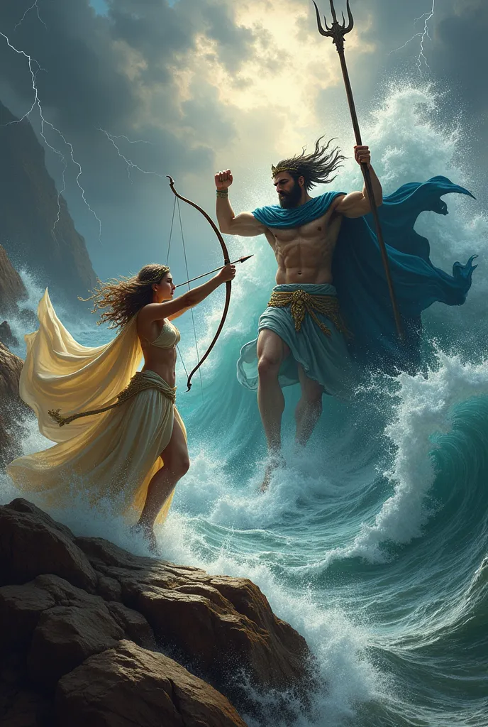 stunning goddess artemis killing poseidon in battle