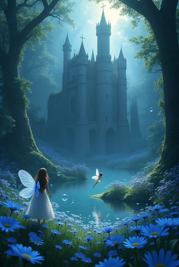 a ray of light shines on a dark, dilapidated castle in a deep forest.。there is a small lake and little fairies fly through a lig...