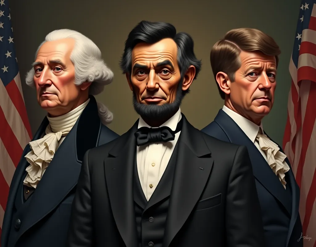 three great presidents, from the left: george washington, abraham lincoln, john f kennedy