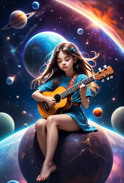 beautiful young girl with long hair playing ukulele, sitting on a planet in space, galaxy background with stars, additional plan...