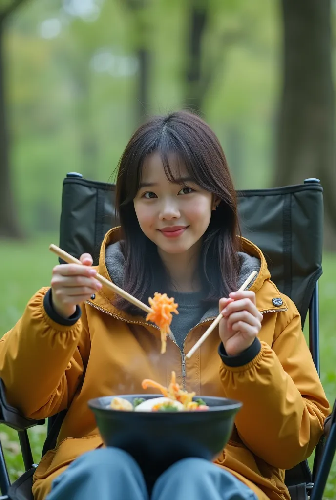 realistic photo, korean idol singer iu is seen camping in a forest park, eating kimchi as a side dish and ramen as a staple with...