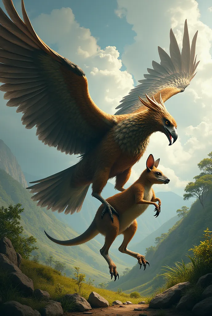 the flying garuda bird strangles the kangaroo&#39;s neck using its feet to carry it.