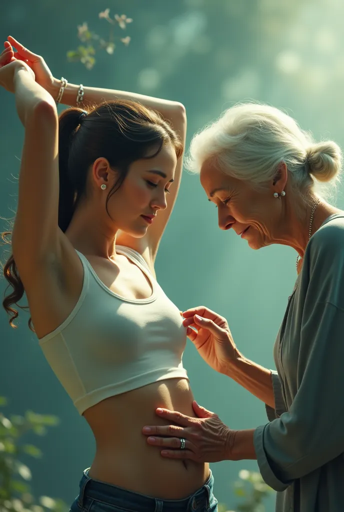 girl wearing crop top stretching her arms, old lady putting a finger in girl's navel