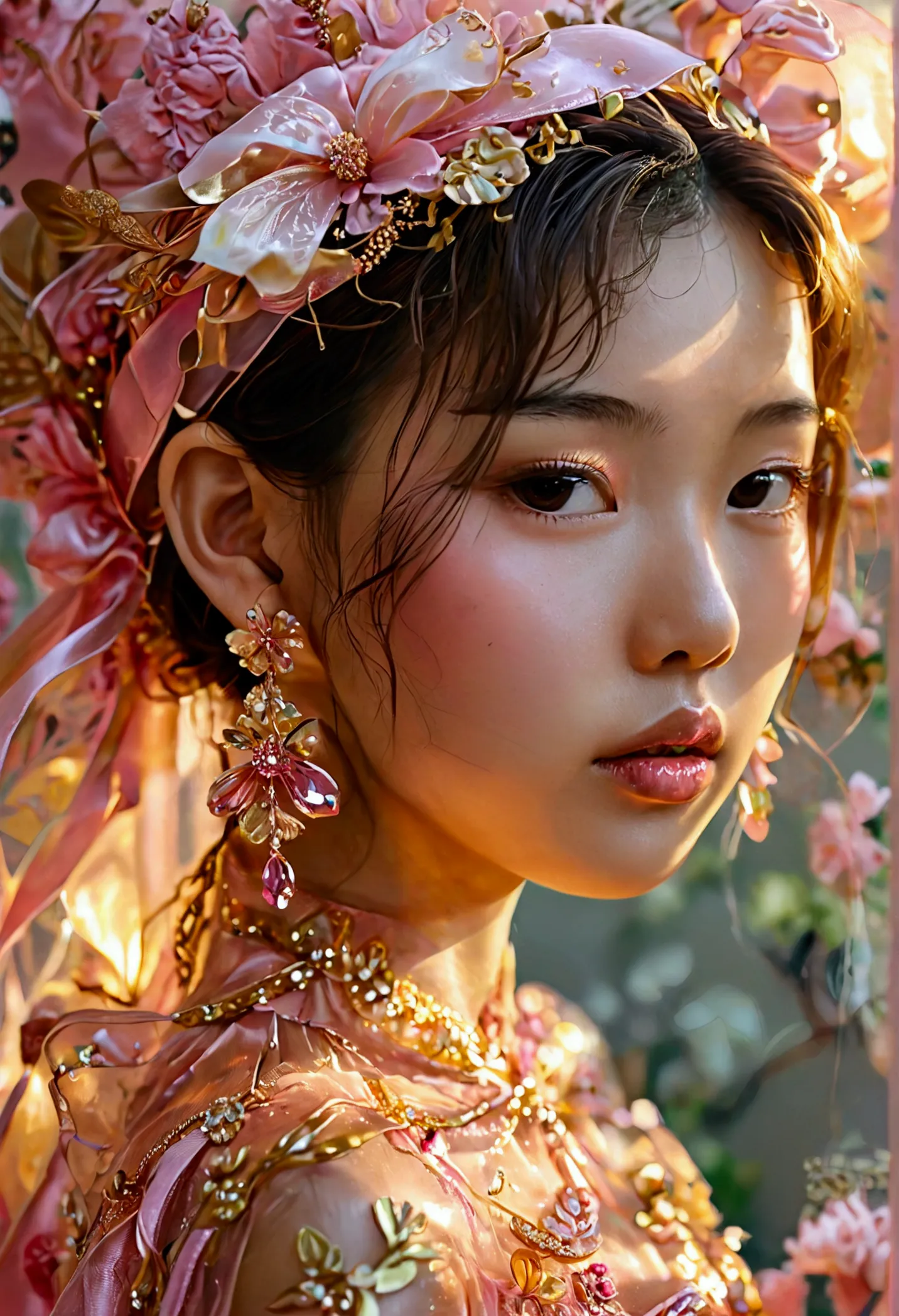 a young asian girl, full body, wearing a transparent pink golden dresses, big ribbon ornament on hair, floral earrings, big peni...