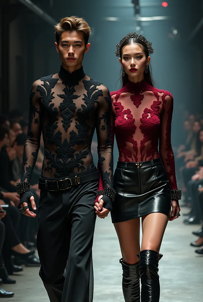 outfit inspo for gothic ramp with a guy and girl with hand prop and headpiece. make it a lacy top with mini skirt and metallic a...