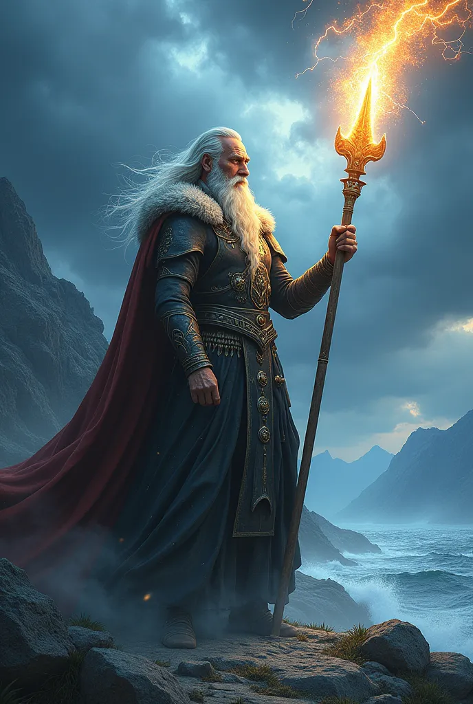 a picture of odin using gungnir to produce a beam of energy realistic image