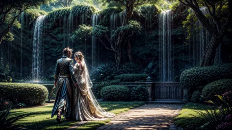 a romantic couple walking in a lush, heavenly garden, golden energies swirling around them, mystical and ethereal atmosphere, de...