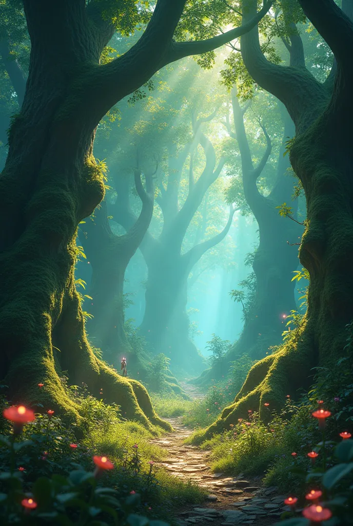 create a 3d image of an enchanted forest with magical sparkles