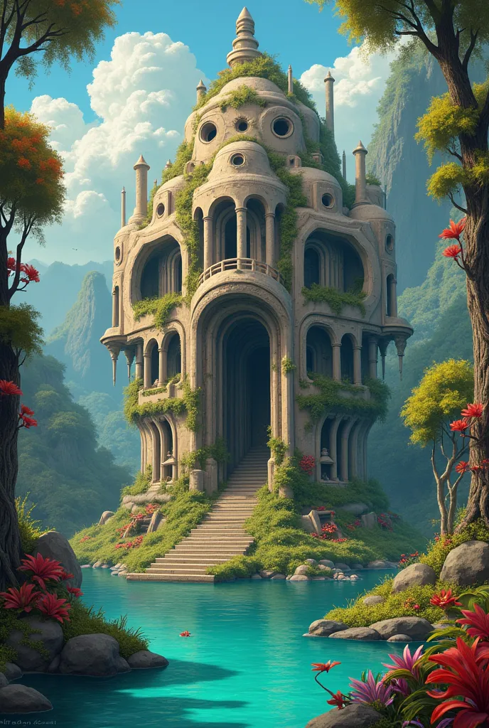 2d drawing with surrealist aesthetics of a fantasy setting of a ruined temple with a creative and dynamic shape surrounded by a ...