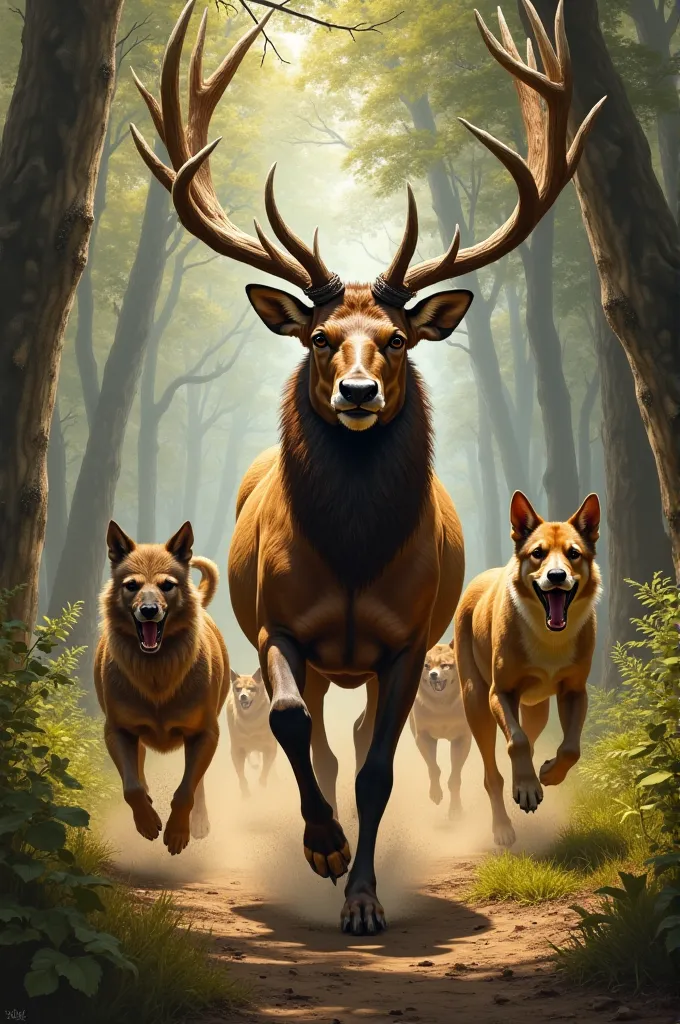 the hunter from greek mythology actaeon is transformed into an elk and is chased by his dogs.